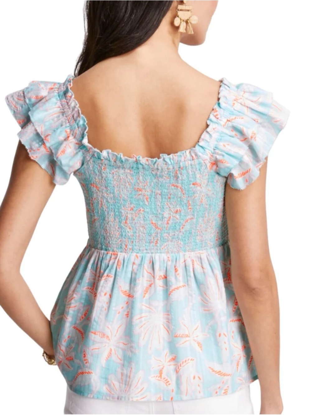 Vineyard Vines Light Blue Crop Top with Coral Floral Smocking - Picture 2 of 10